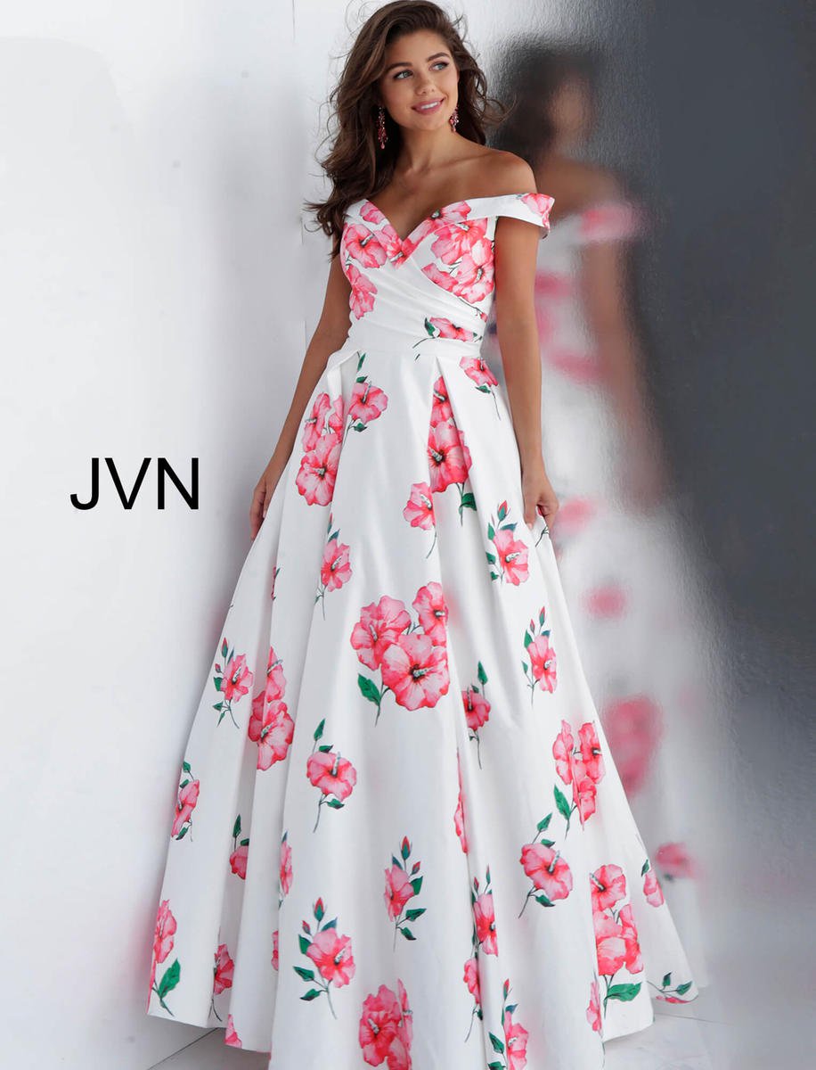 French Novelty Jvn Prom Jvn66895 Off Shoulder Floral Gown