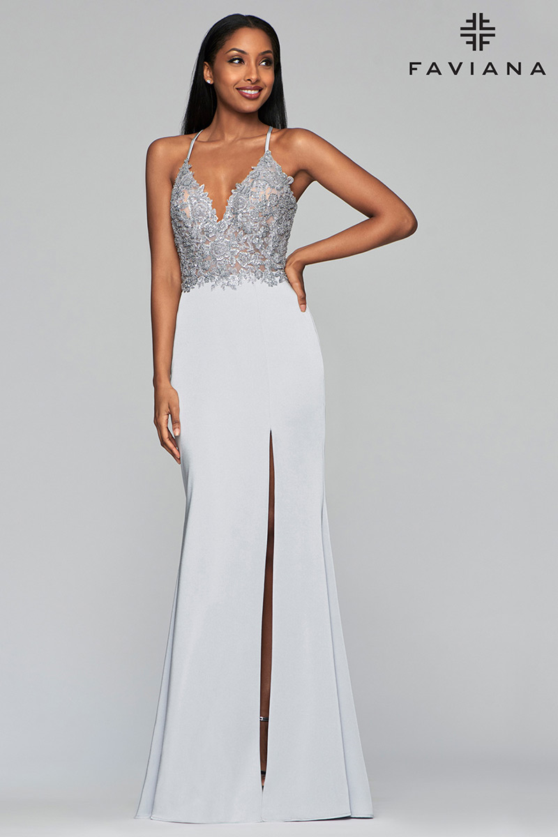 French Novelty: Faviana Glamour S10476 Embroidered Top Prom Gown