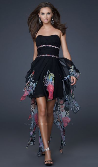 La Femme Ruffle High Low Print Chiffon Prom Dress 16289: French Novelty