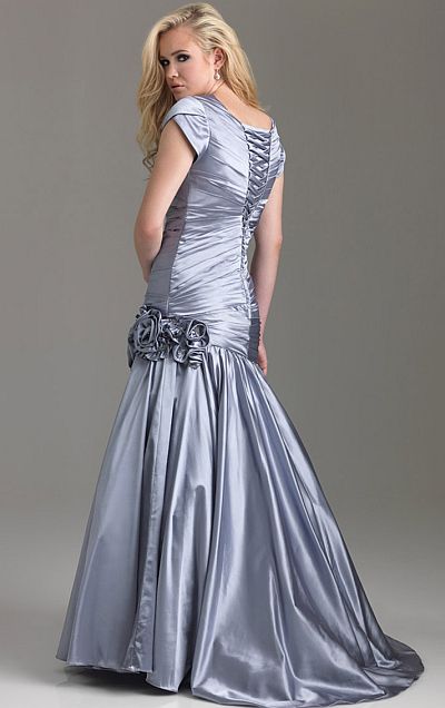Night Moves Modest Cap Sleeve Lace-Up Back Prom Dress 6584M: French Novelty
