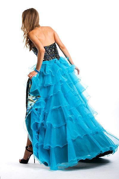 French Novelty Party Time Peacock Print Organza Ruffle Prom Dress 6707