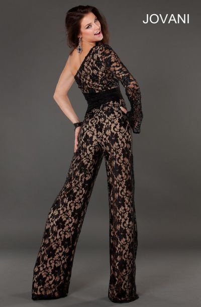 Jovani 74278 One Long Sleeve Sheer Lace Jumpsuit: French Novelty