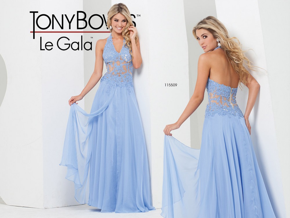 French Novelty: Tony Bowls Le Gala 115509 Gown with Sheer Lace