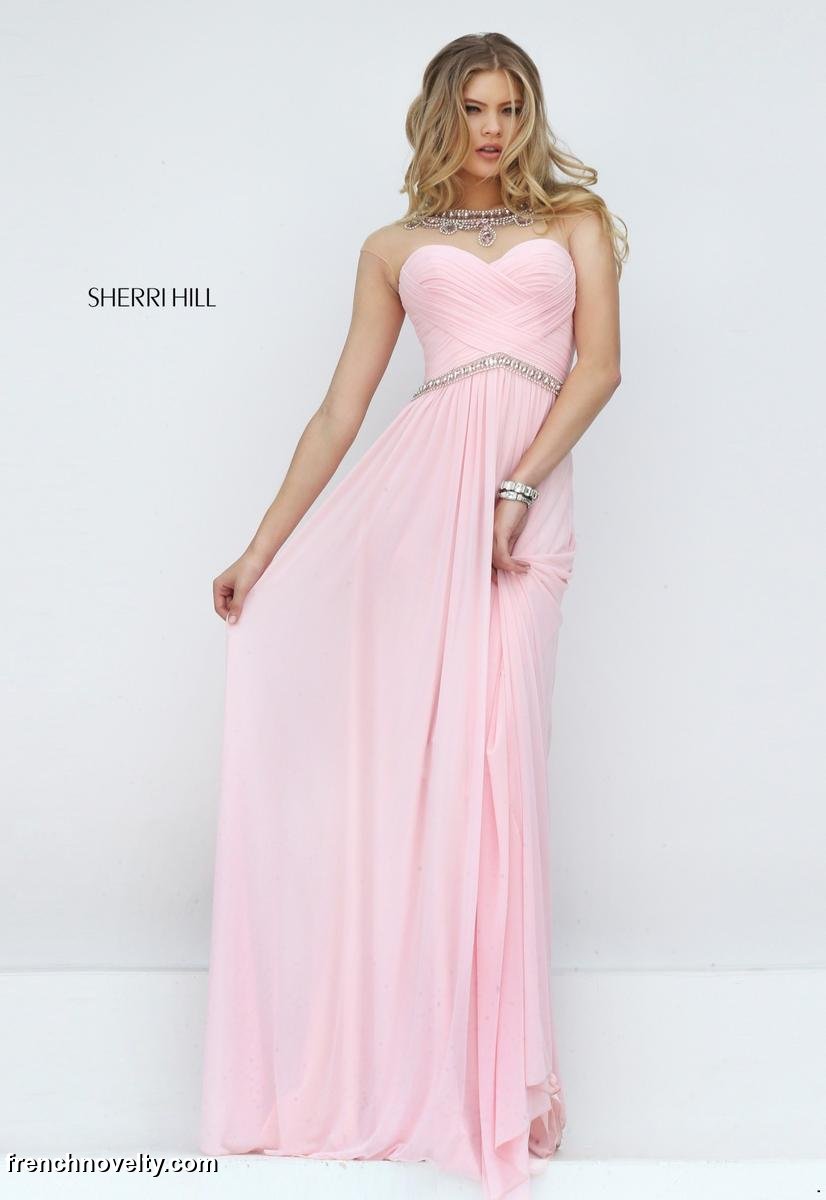 Size 00 Pink Sherri Hill 50442 Beaded Sheer Neck Prom Gown - French Novelty