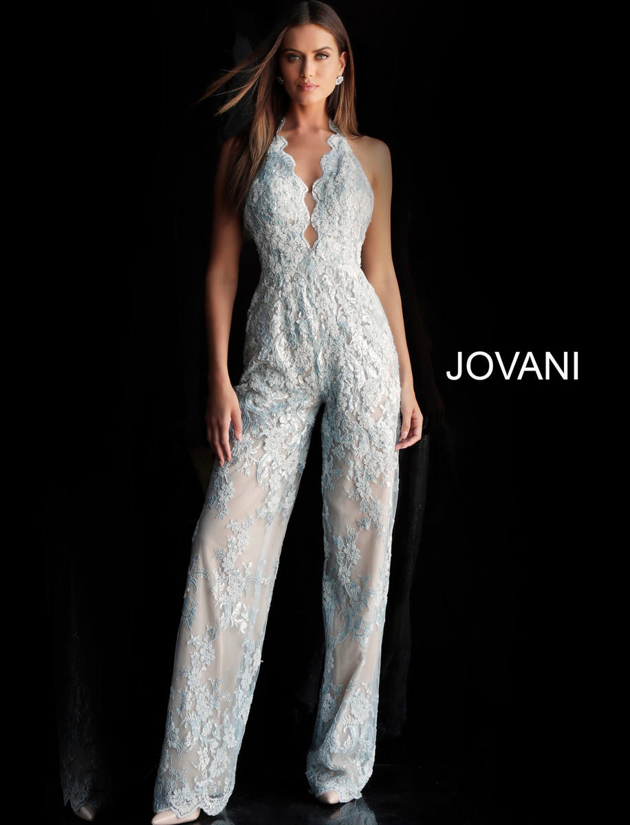 French Novelty Jovani 60124 Lace Halter Jumpsuit with Removable Overskirt