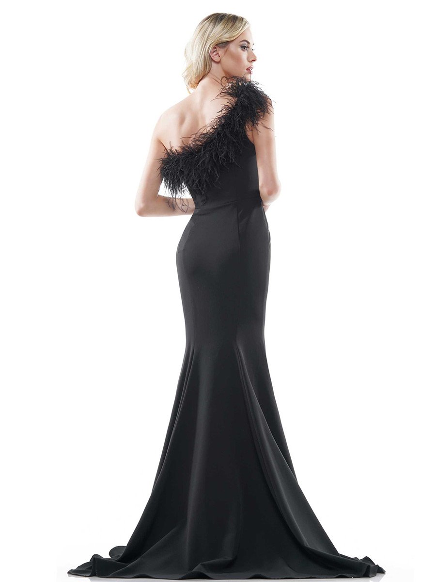 Colors Dress 2405 Fitted One Shoulder Feather Embellished Long Prom Dr –  Glass Slipper Formals