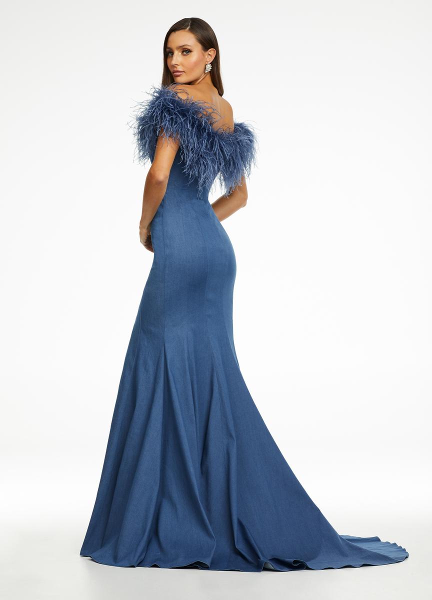 Ashley Lauren 11122 Feather Off Shoulder Denim Gown