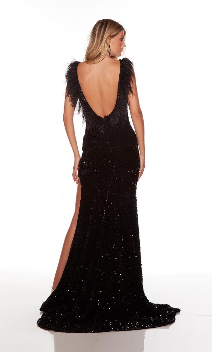 Size 10 Black Alyce Paris 61374 Feather Scoop Back Sequin Gown