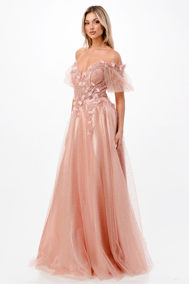 French Novelty: Ladivine CD0197 Sheer Puff Sleeve Off Shoulder Gown