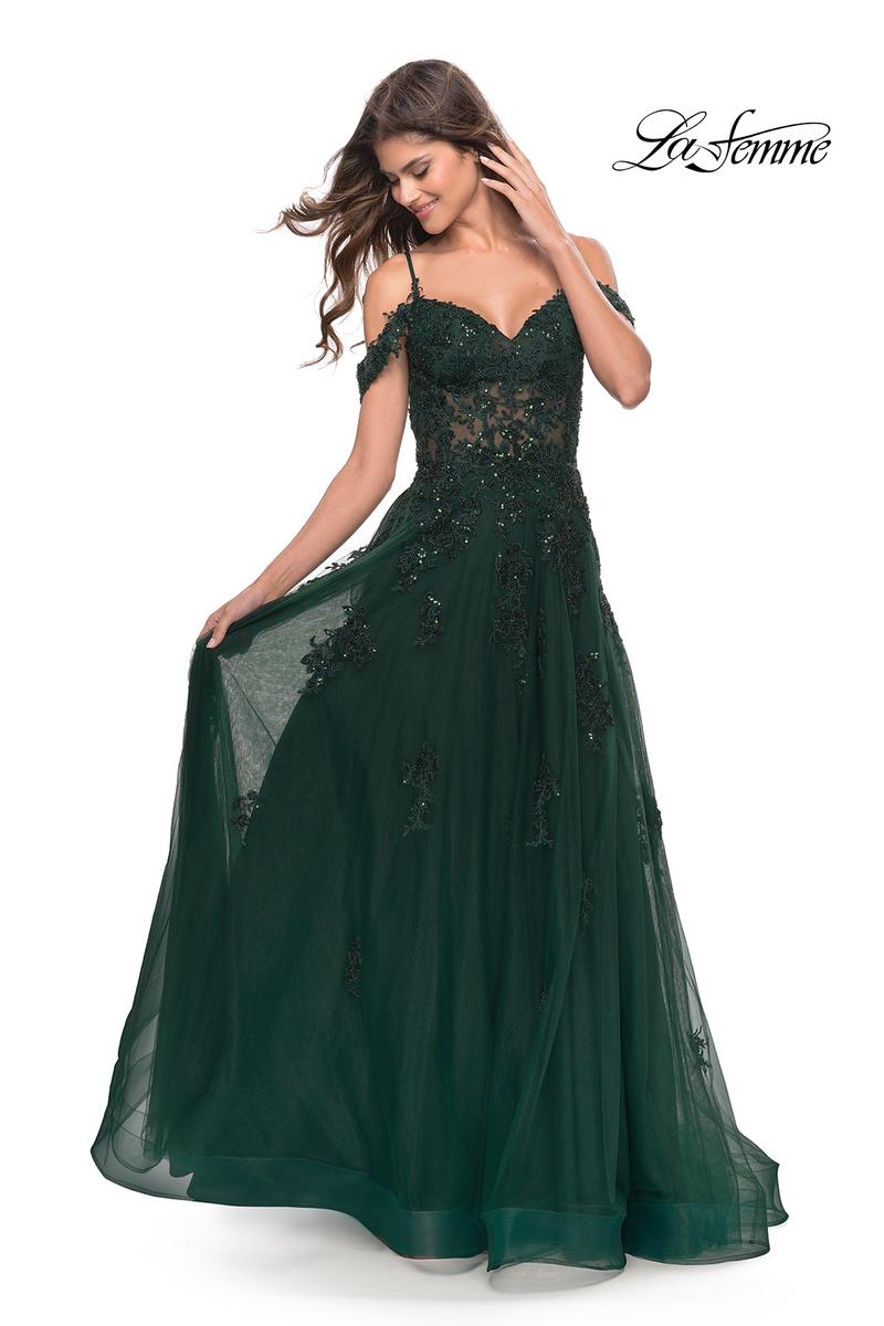 La femme off on sale the shoulder lace gown