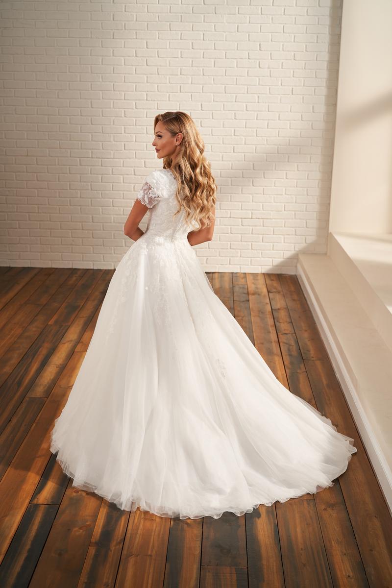 Modest Bridal by Mon Cheri MOD216 Short Sleeve Glitter Wedding Dress 